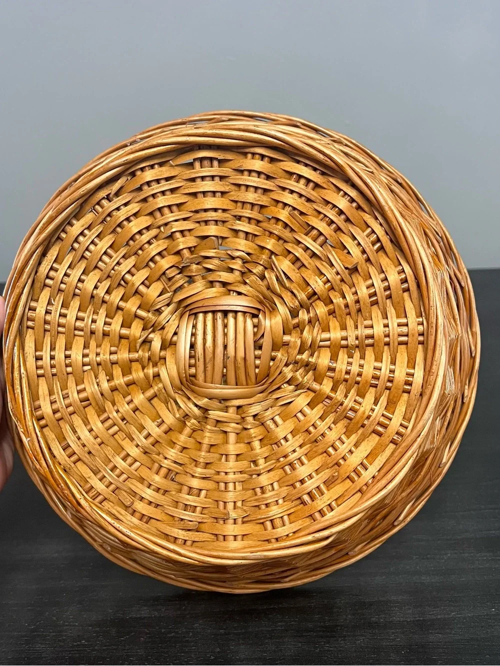 VTG Hand Woven Willow Sewing Basket Lidded Round Maroon Liner Remnants 12” Boho